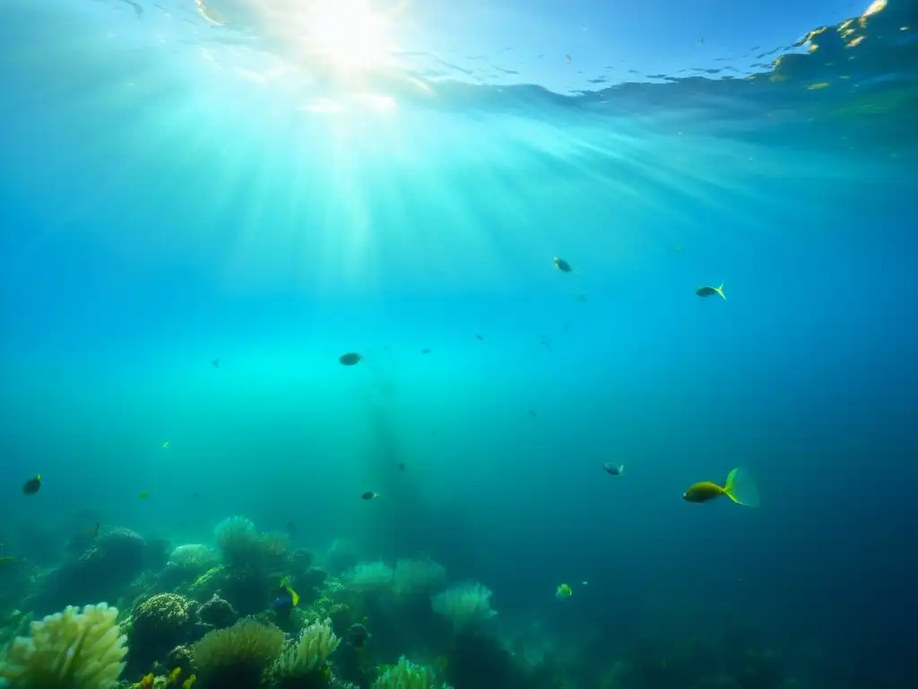 Una escena submarina vibrante con microorganismos y plancton colorido en el agua azul