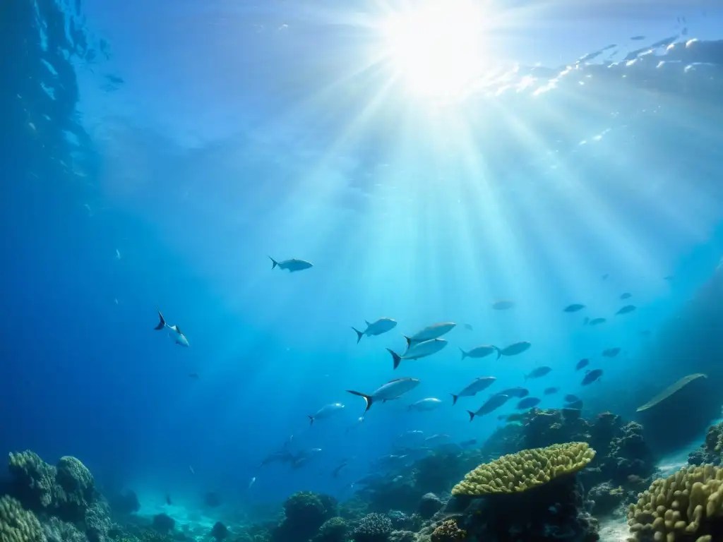 Una escena submarina vibrante con peces pelágicos plateados nadando en armonía, mientras el coral y la vida marina ofrecen un telón de fondo colorido