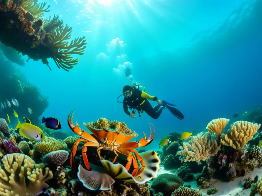 Una escena submarina vibrante con una variedad de vida marina, corales coloridos, peces y mariscos