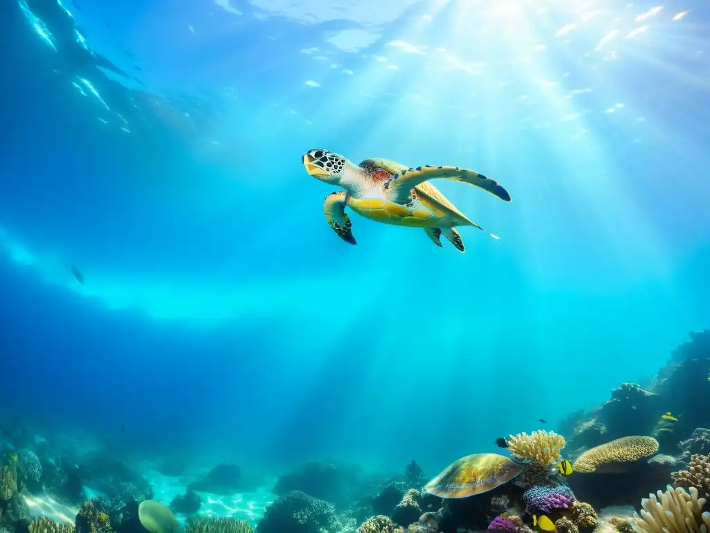 Escena submarina vibrante con vida marina diversa, arrecifes de coral coloridos, peces tropicales y una tortuga marina