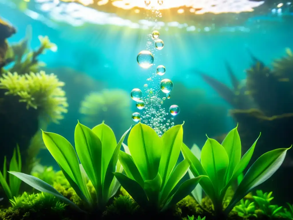 Una escena acuática vibrante con plantas exuberantes en un acuario, iluminada por burbujas de CO2