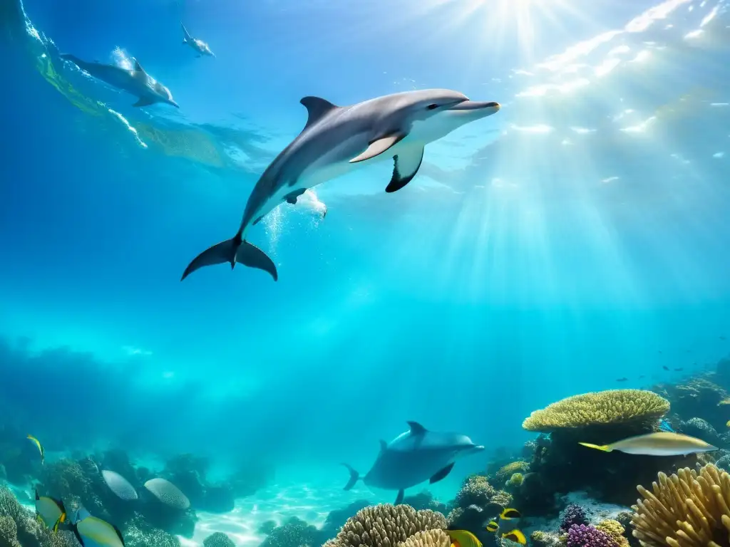 Un escenario oceánico prístino con agua turquesa cristalina, arrecifes de coral vibrantes y peces coloridos