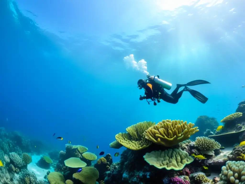 Un escuadrón de buzos, equipados con tecnología de rescate marino, explora un arrecife de colores vivos y variada vida marina