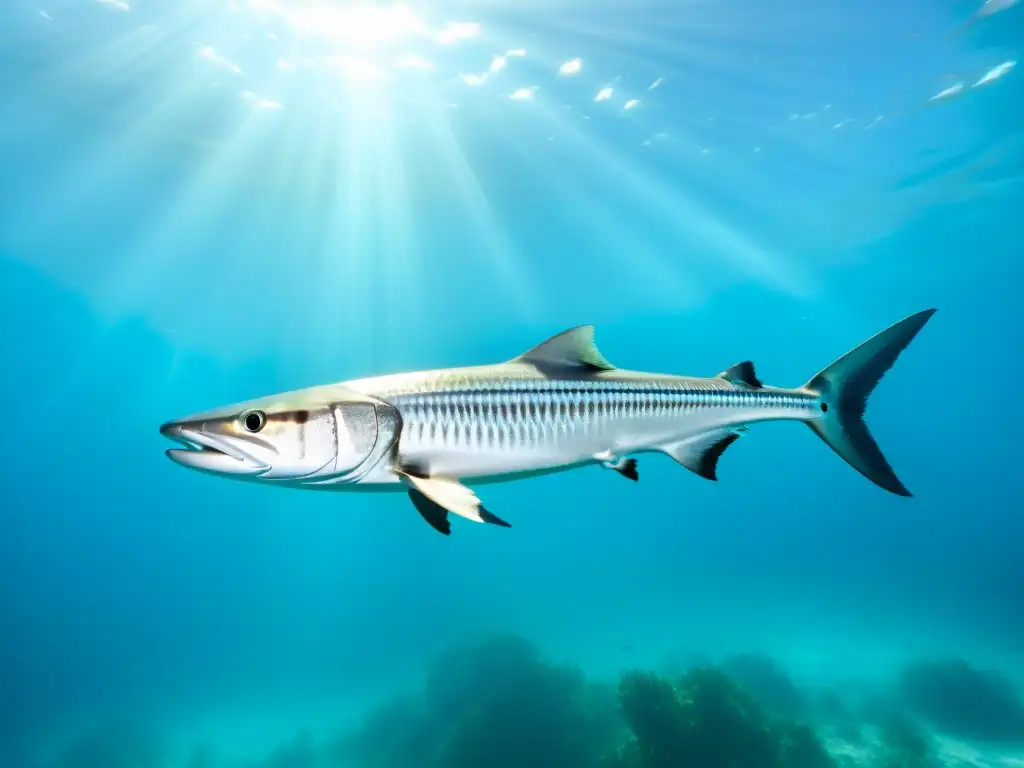 Una escuela de ágiles barracudas plateadas deslizándose en aguas turquesas cristalinas, con rayos de sol que perforan la superficie y proyectan patrones hipnóticos en el fondo del océano