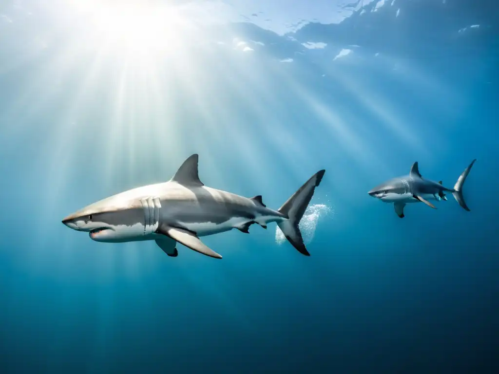 Una escuela de imponentes tiburones blancos deslizándose con gracia en las gélidas aguas del océano Antártico, desafiando la vida en aguas frías