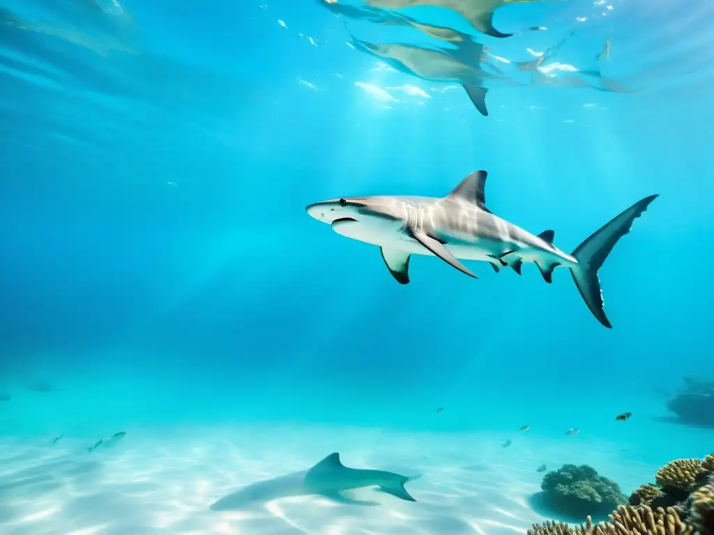 Una escuela de majestuosos tiburones martillo surca el agua turquesa, creando un escenario cautivador de belleza natural y maravilla submarina