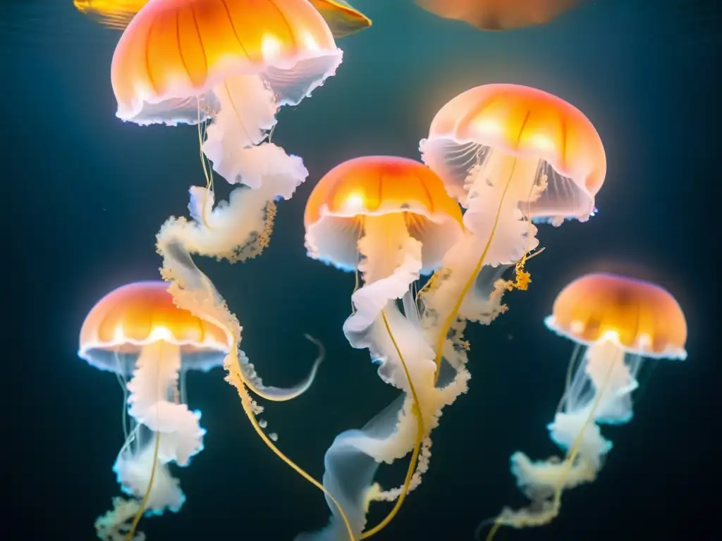 Una escuela de medusas bioluminiscentes flotando en la zona crepuscular del océano, iluminando el agua con un resplandor etéreo