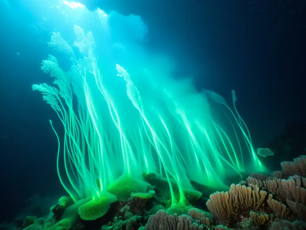 Escuela de peces bioluminiscentes del abismo marino, con tonos azules y verdes vibrantes iluminando la oscuridad