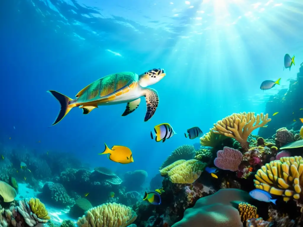 Una escuela de peces vibrantes y multicolores nada entre un arrecife de coral en aguas cristalinas