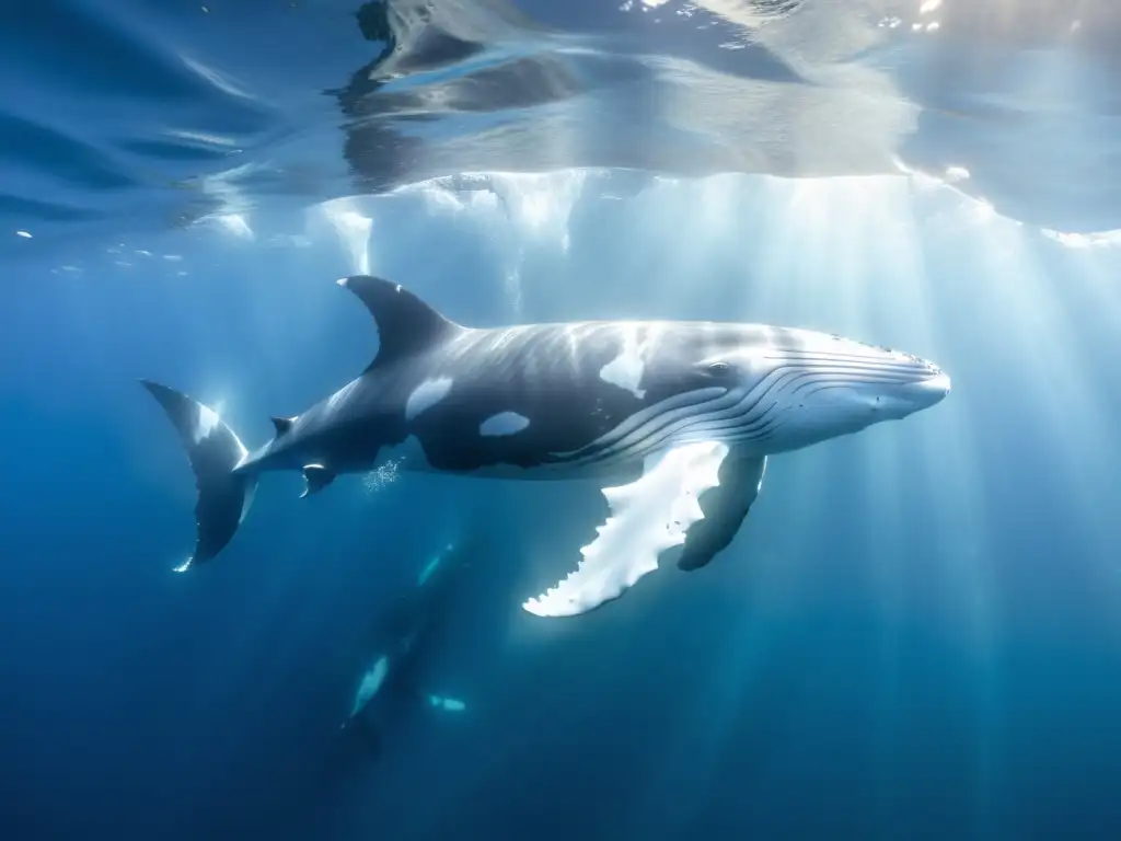 Reconocer especies de cetáceos: Majestuosa imagen submarina de ballenas jorobadas surcando el océano en un ballet de luz y sombra