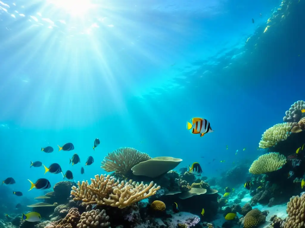 Ingeniería genética en especies marinas: un arrecife de coral vibrante y diverso, con peces tropicales nadando entre los corales en aguas cristalinas