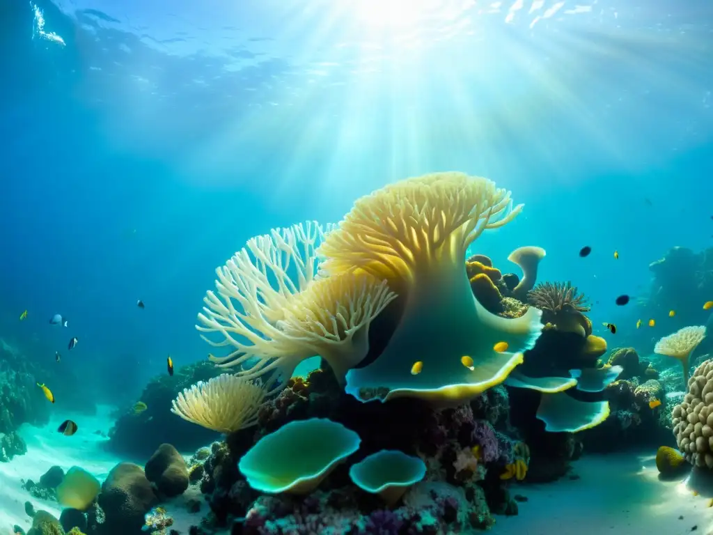 Degustación de especies marinas submarinas: un vibrante arrecife de coral con vida marina diversa y colorida, bañado por la luz del sol