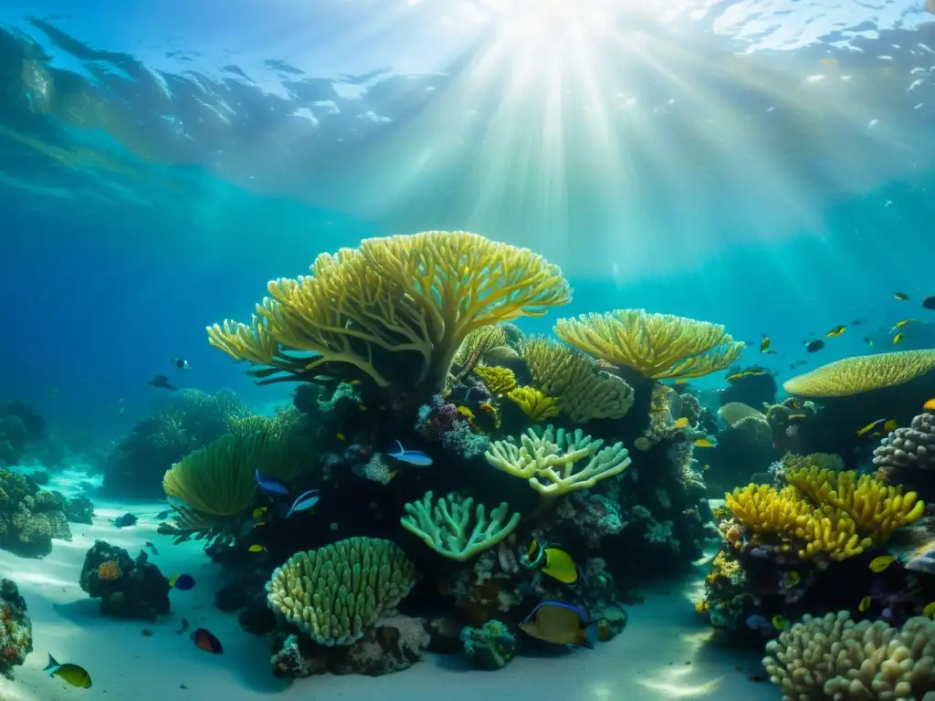 Degustación de especies marinas submarinas en un vibrante arrecife de coral, con peces coloridos y plantas marinas, bañados por la luz del sol