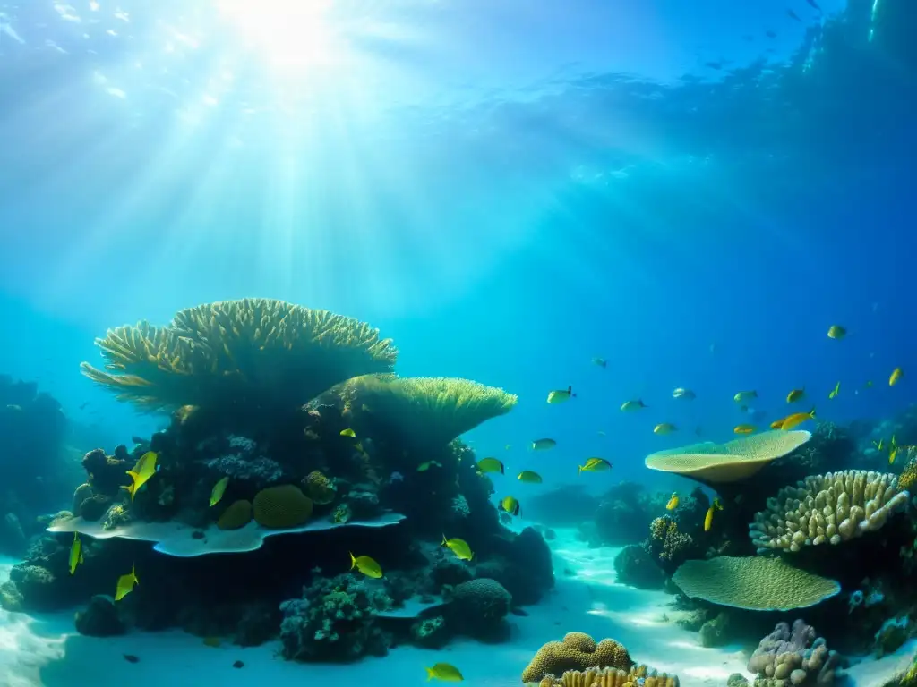 Degustación de especies marinas submarinas en un vibrante arrecife de coral, repleto de vida marina y belleza natural bajo el agua cristalina