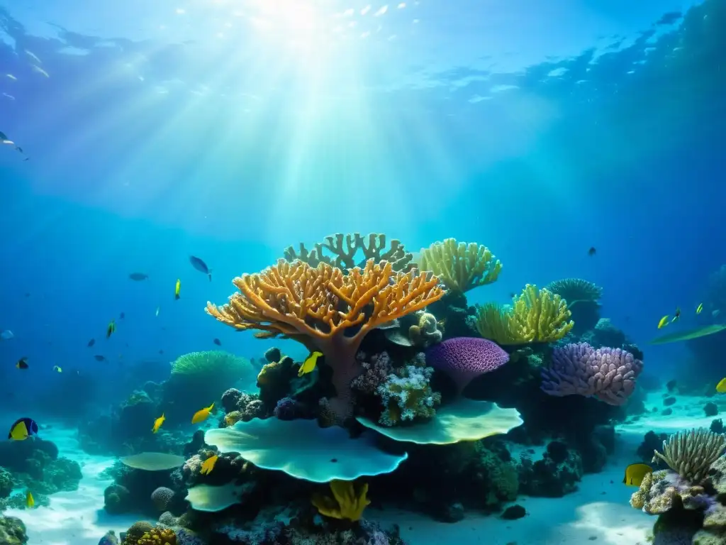 Espectacular acuario con corales vibrantes y peces nadando entre colores, iluminado por espectro de luz en el agua cristalina