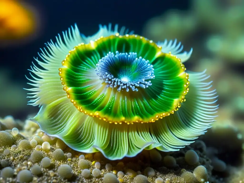 Espectacular anémona de mar verde y suave mecanismo de respiración en anfibios marinos, en un escenario submarino sereno y etéreo