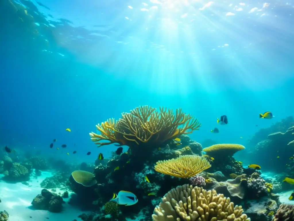 Espectacular arrecife de coral caribeño con peces exóticos y rayos de sol, mostrando la belleza de los resorts exclusivos para bucear Caribe