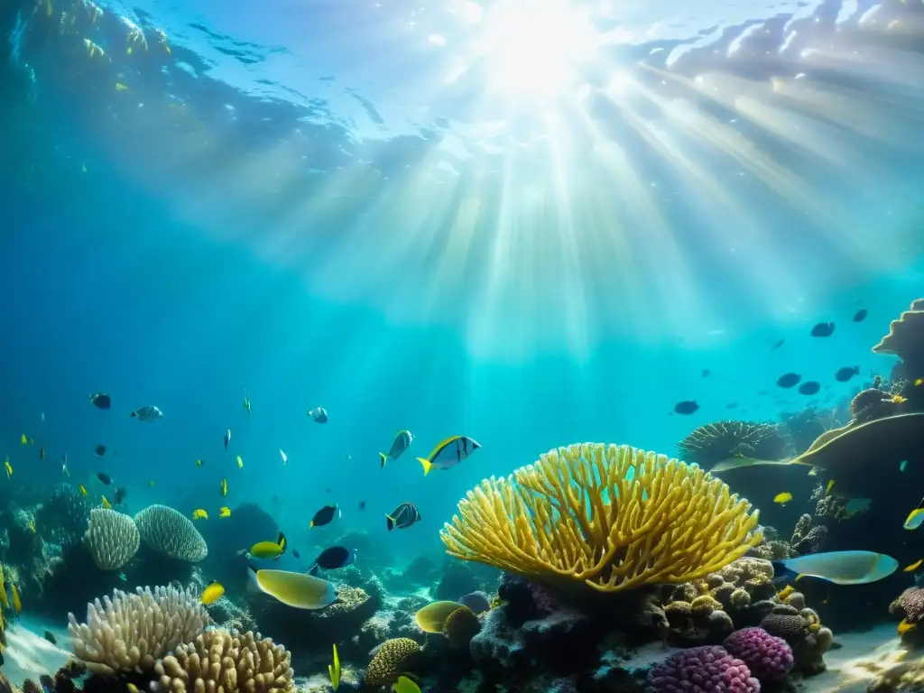 Espectacular arrecife de coral lleno de vida marina y colores vibrantes bajo el agua, capturando la ética en fotografía de vida marina