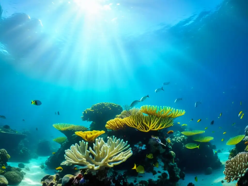 Un espectacular arrecife de coral lleno de vida marina, iluminado por la luz del sol