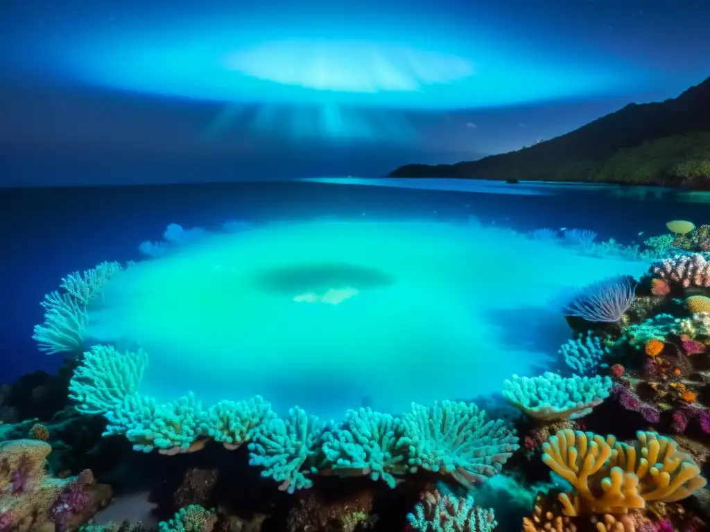 Espectacular arrecife de coral nocturno con bioluminiscencia y contaminación lumínica en ecosistemas coralinos