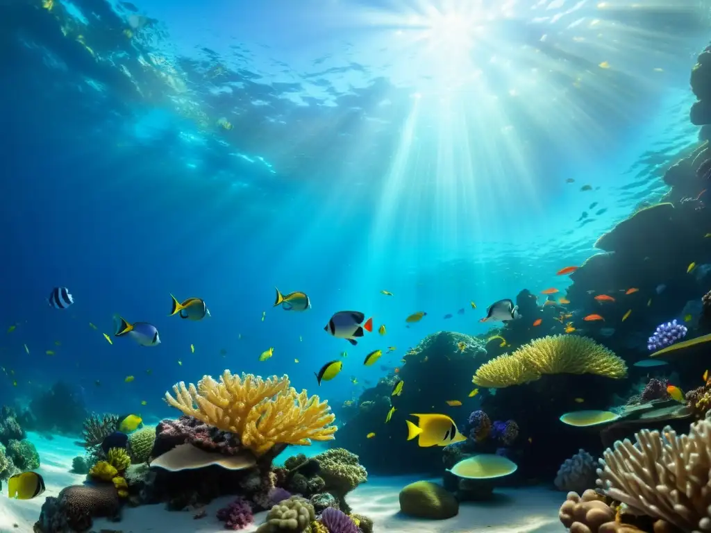 Arrecife de coral vibrante: belleza y diversidad marina Un espectacular arrecife de coral en un océano tropical, con peces de colores nadando entre las formaciones de coral