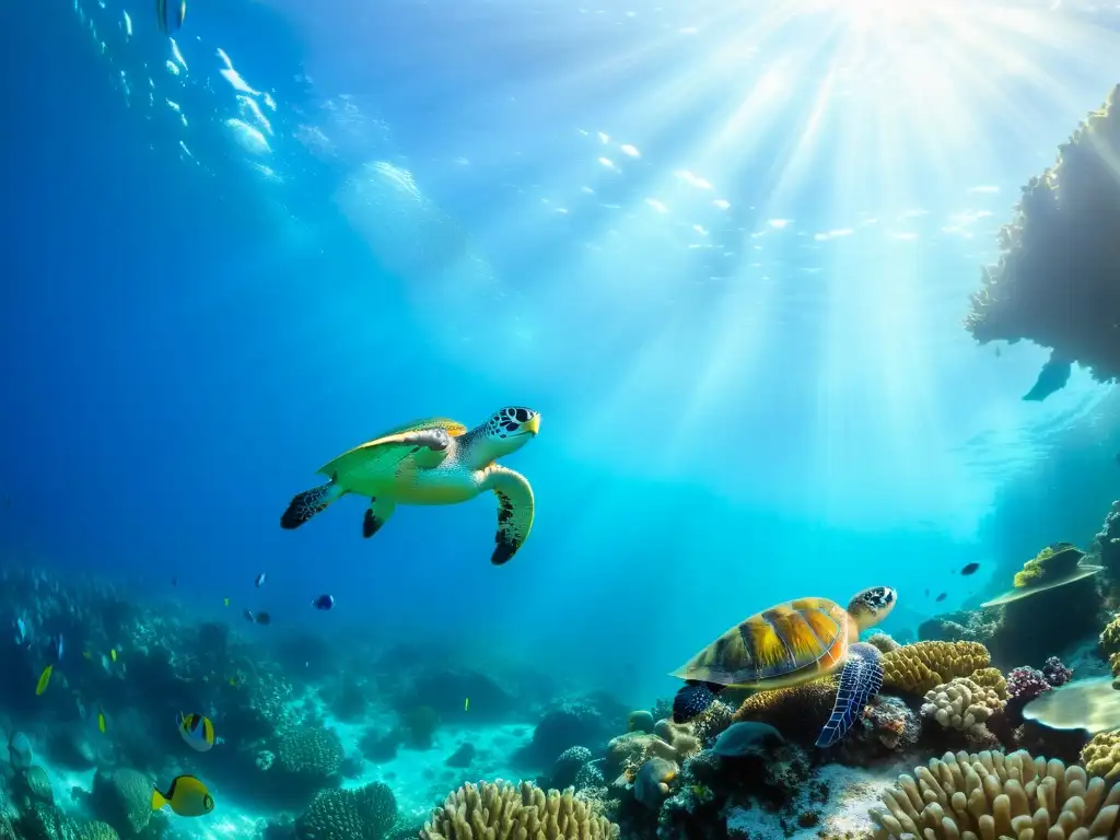 Espectacular arrecife de coral repleto de vida marina, impacto de especies invasoras marinas