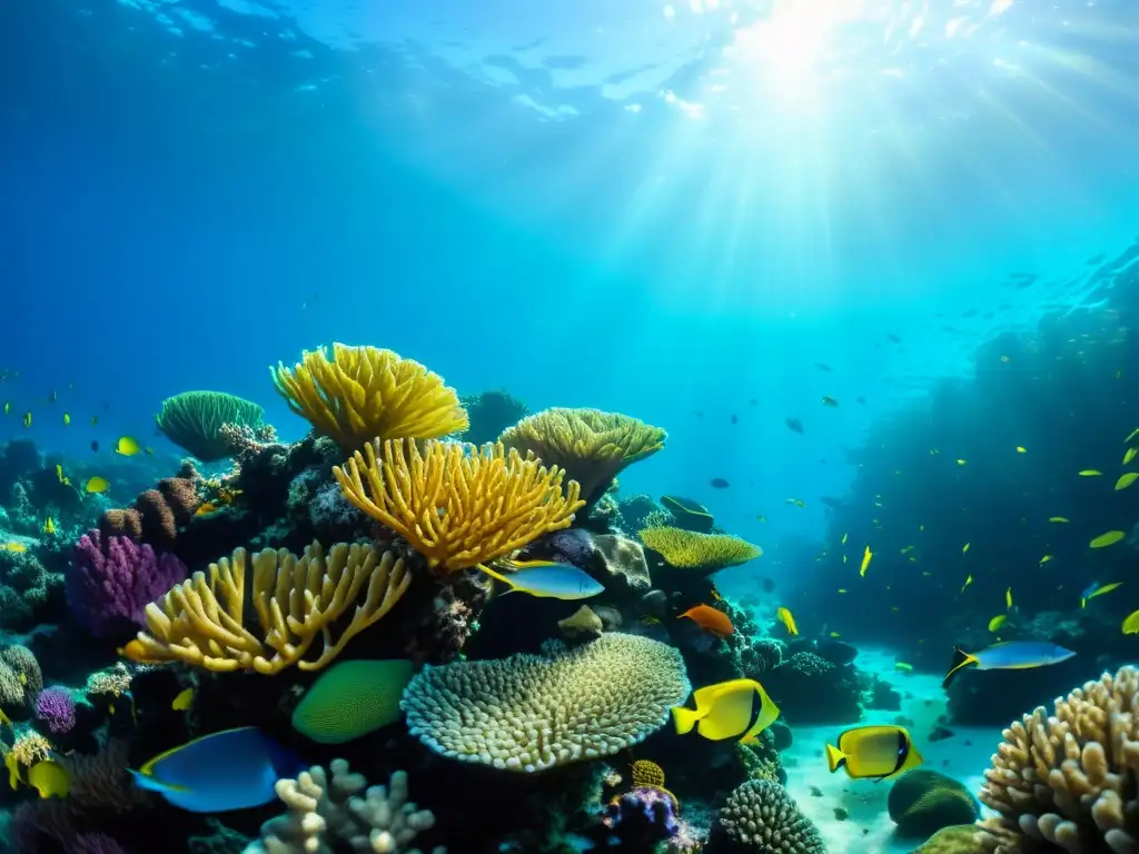 Un espectacular arrecife de coral submarino con peces coloridos nadando entre corales