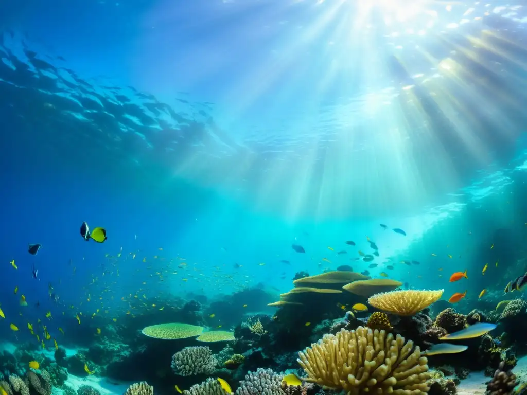 Maravilloso arrecife de coral: vida submarina vibrante Un espectacular arrecife de coral vibrante con peces coloridos y vida marina diversa, iluminado por el cálido resplandor acuático