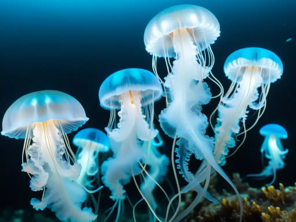 Espectacular bioluminiscencia en la vida marina: una escena subacuática deslumbrante con organismos bioluminiscentes iluminando el oscuro océano