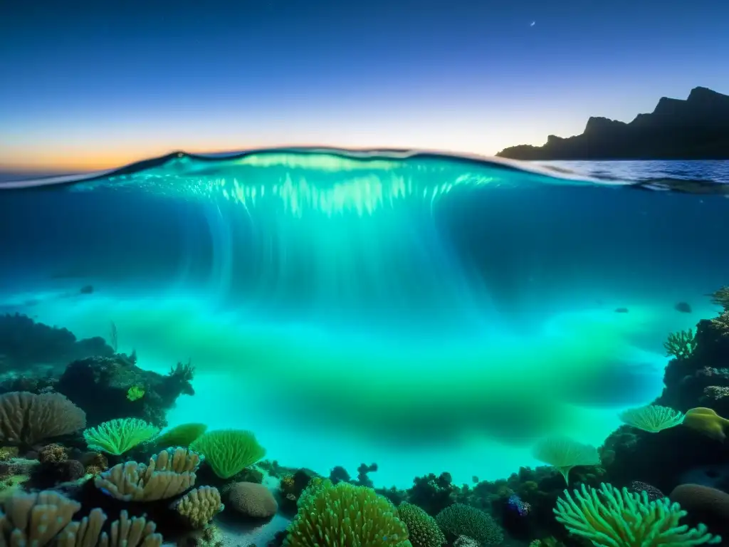 Espectacular buceo bioluminiscente, vida marina nocturna, coral y plancton iluminado en el océano oscuro