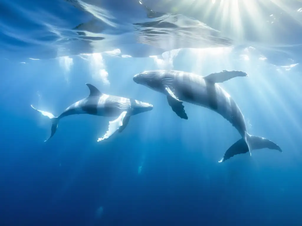 Espectacular danza de apareamiento de cetáceos en el mar, con ballenas jorobadas mostrando su gracia y fuerza, rodeadas de vida marina colorida