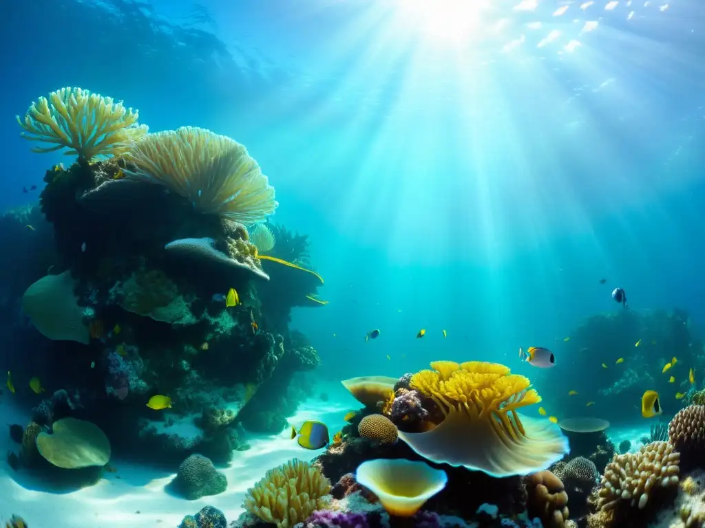 Espectacular ecosistema marino con coral, peces tropicales y aguas cristalinas, resaltando oportunidades de inversión en energías marinas