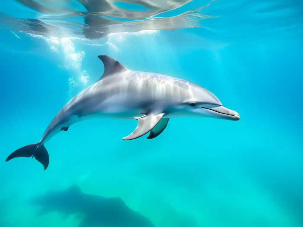 Un espectacular grupo de delfines plateados se desliza en aguas turquesas