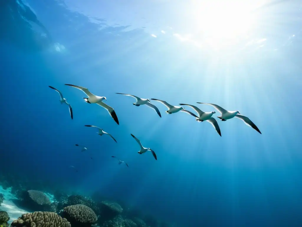 Espectacular imagen de albatros gráciles surcando el océano, iluminados por el sol, en una representación impresionante de la belleza natural