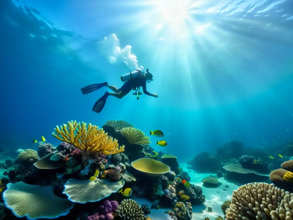 Espectacular imagen submarina de arrecife de coral con diversidad marina, iluminada por un hipnótico espectro de luz para acuario