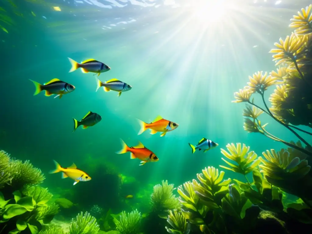 Espectacular imagen submarina de un cardumen de peces de agua dulce nadando entre plantas acuáticas exuberantes