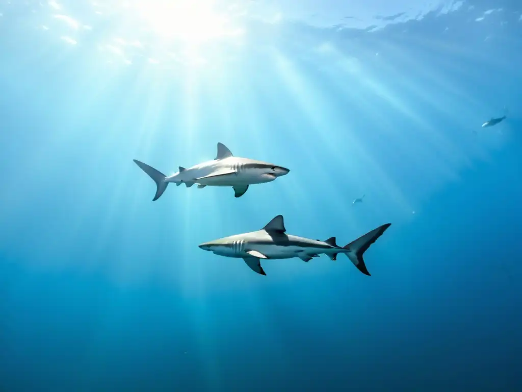 Espectacular imagen submarina de un grupo diverso de tiburones nadando con gracia en aguas cristalinas