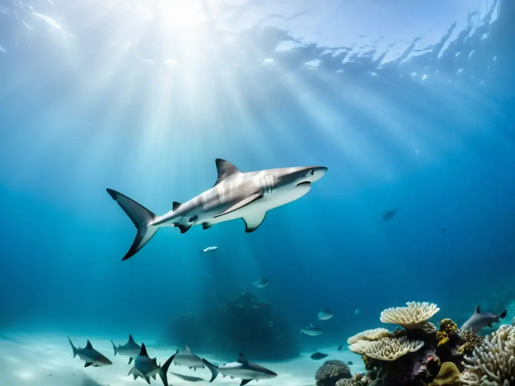 Espectacular imagen de tiburones en el fondo marino, mostrando su alimentación y la belleza misteriosa del océano