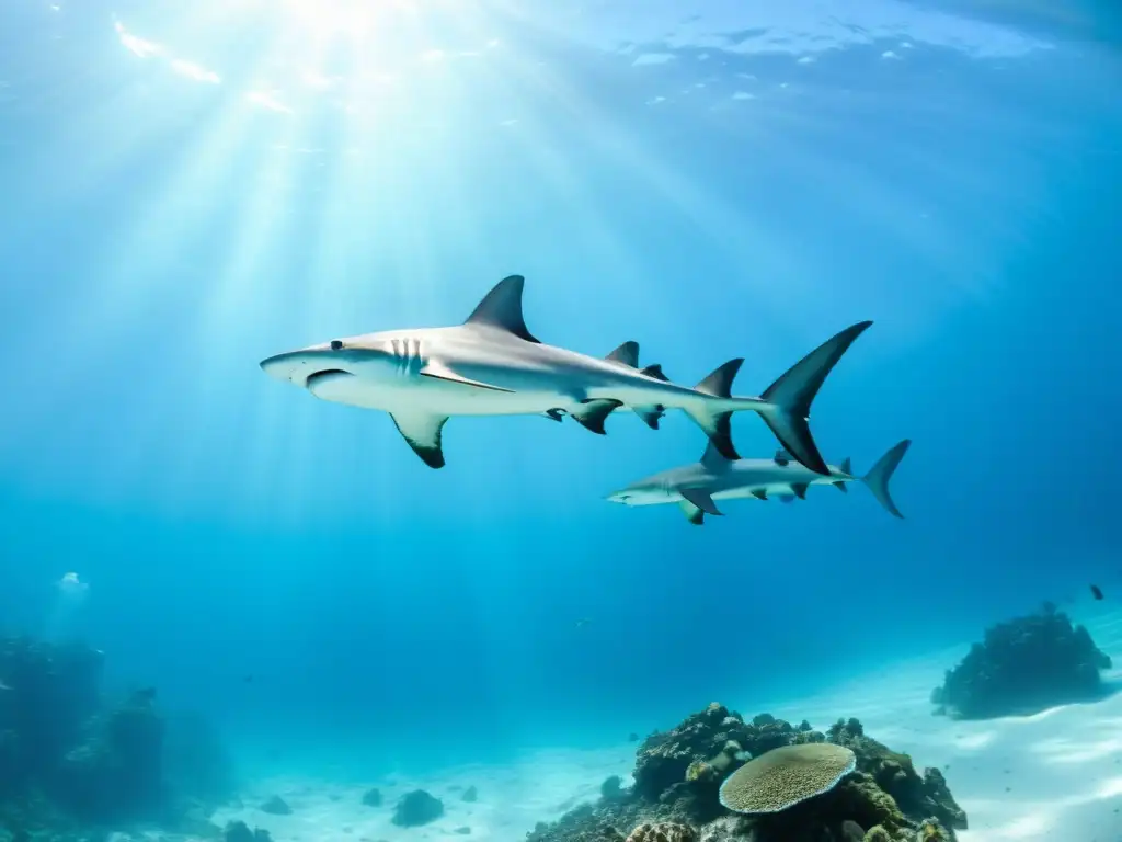 Espectacular imagen de tiburones martillo nadando en aguas cristalinas de Cocos Island, invitando a aventuras de buceo en Cocos Island