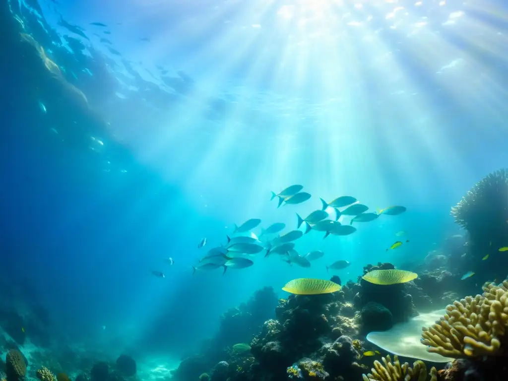 Un espectacular maridaje vinos platos mariscos submarino: un arrecife de coral iluminado por el sol, donde nadan peces vibrantes y iridiscentes