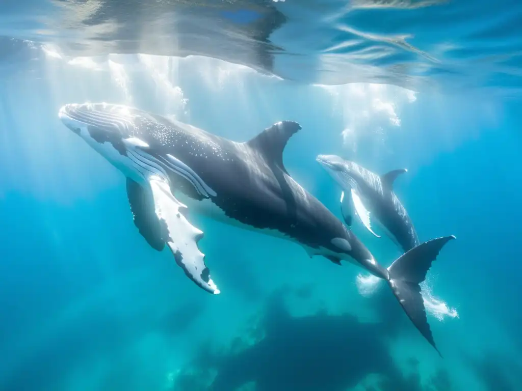 Espectacular migración de cetáceos: manada de majestuosas ballenas jorobadas surcando aguas turquesas, bañadas por la luz dorada del sol