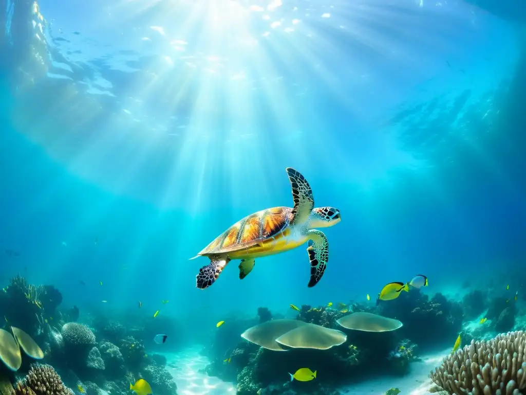 Un espectacular paisaje submarino con arrecifes de coral, peces coloridos y una tortuga marina, creando una atmósfera serena y etérea