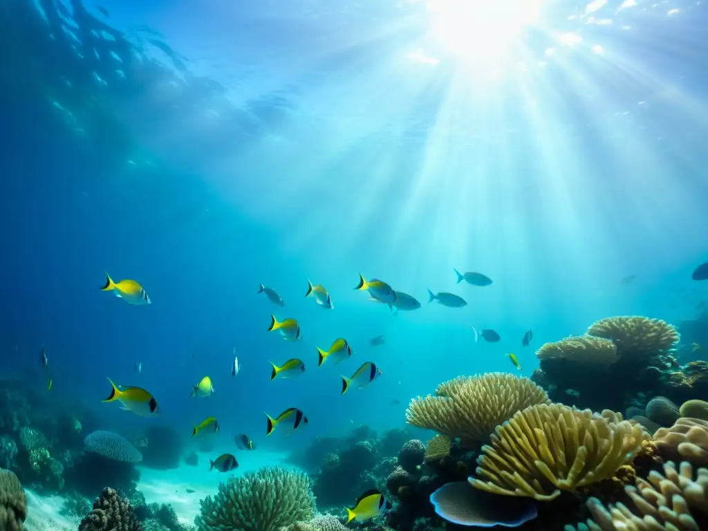 Un espectacular paisaje submarino con peces coloridos y arrecifes de coral, bañados por los rayos del sol