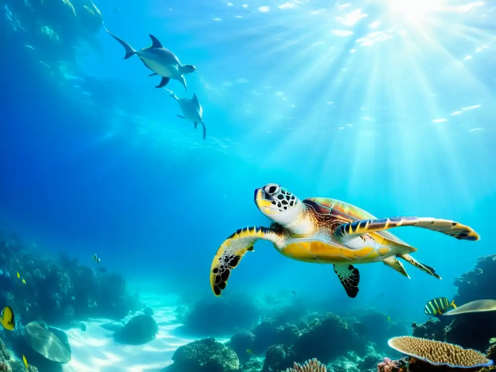 Vibrante vida marina: Tortuga y manta rayas Un espectacular paisaje submarino rebosante de vida marina, con corales coloridos, peces exóticos y una tortuga marina majestuosa nadando con gracia