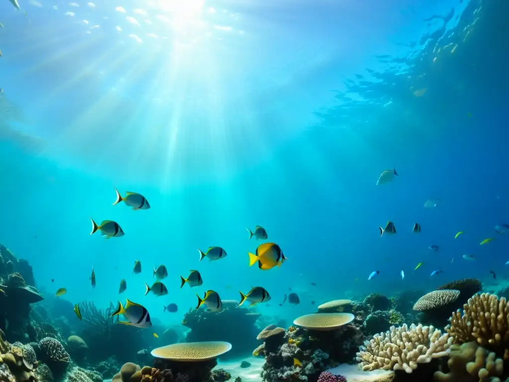 Un espectacular paisaje submarino con un vibrante arrecife de coral y una variedad de peces