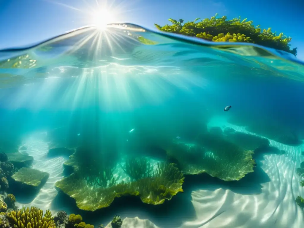 Un espectacular remolino submarino muestra el impacto de las mareas en costas, con vida marina vibrante y un ambiente tranquilo y maravilloso