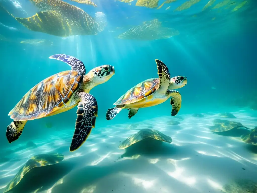 Un espectacular viaje submarino con diversas especies de tortugas marinas en su hábitat natural, mostrando la belleza y diversidad de estos animales