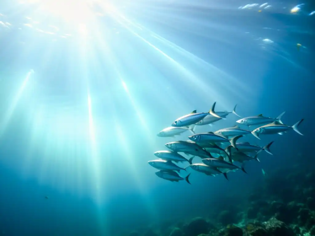 Un espectáculo acuático: cardumen plateado de sardinas en armonía bajo el sol, en el origen del Omega 3 en suplementos