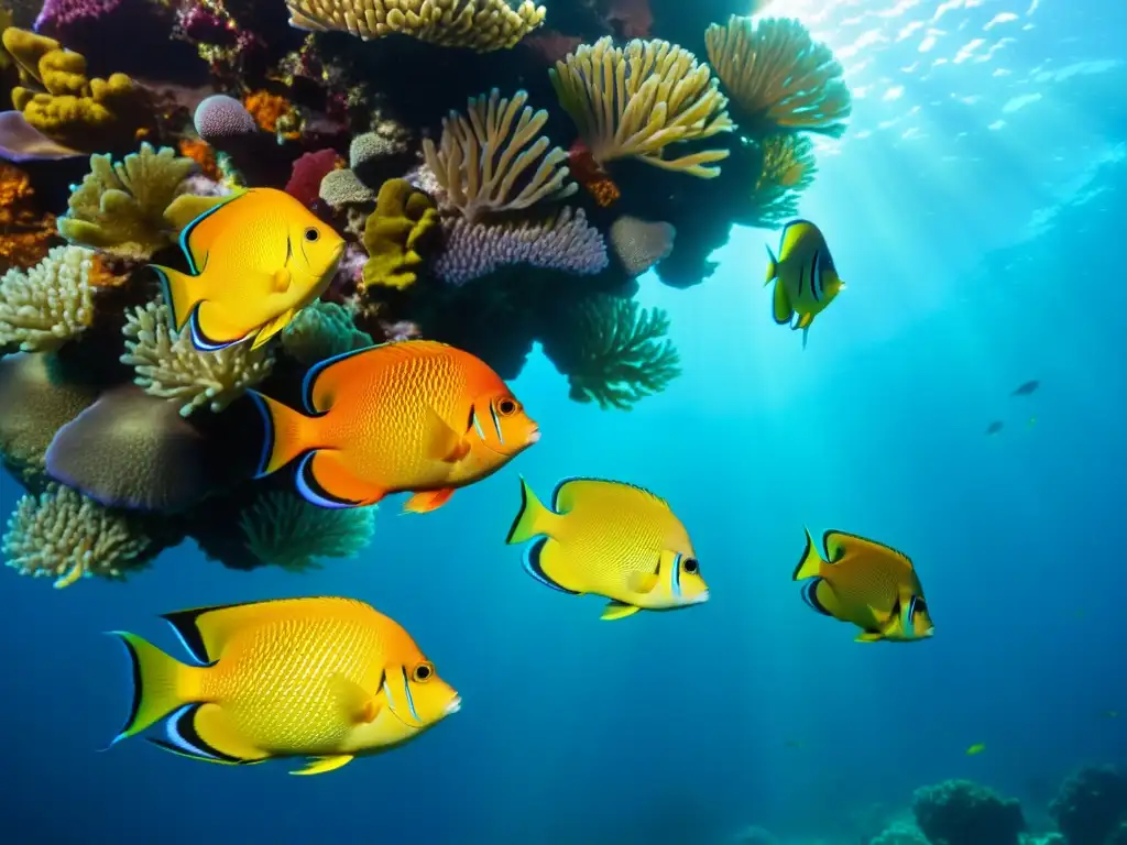 Un espectáculo de peces tropicales naranjas y amarillos entre corales vivos en aguas cristalinas