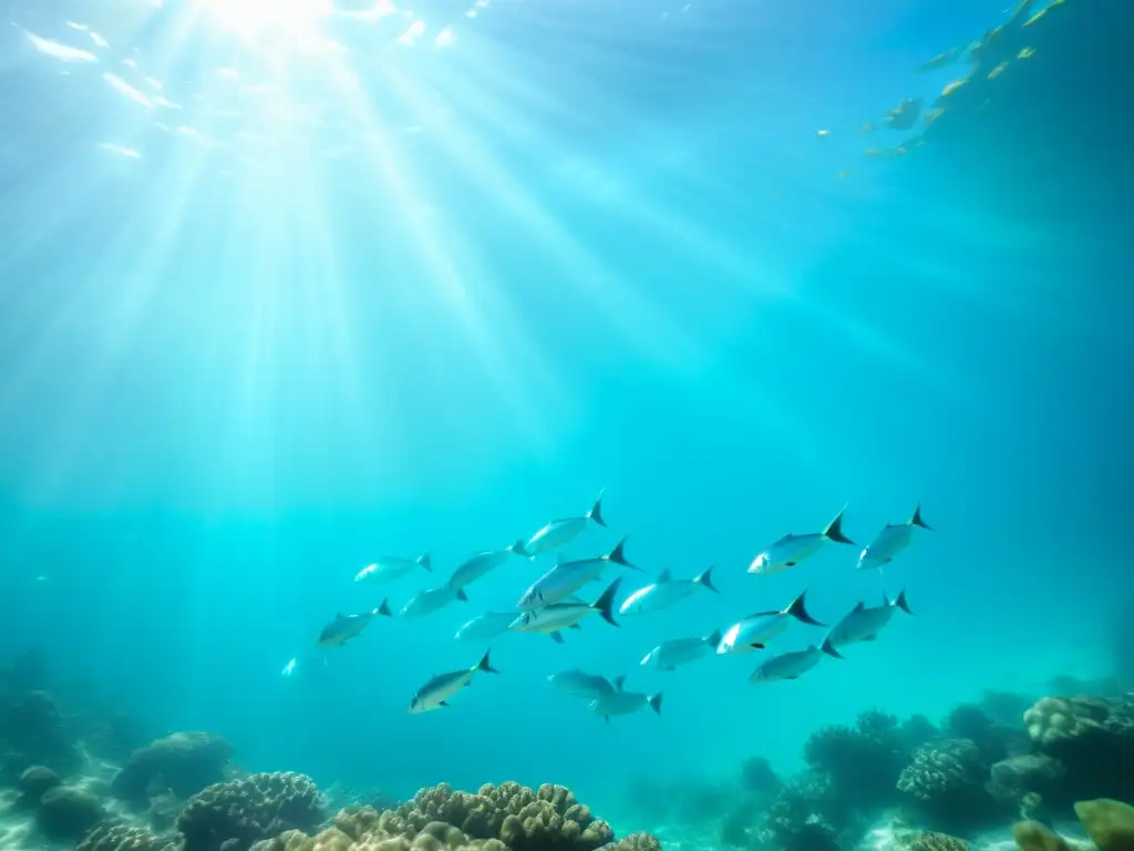 Un espectáculo submarino vibrante con cardumen de peces plateados en armonía, reflejando la luz en un arrecife de colores